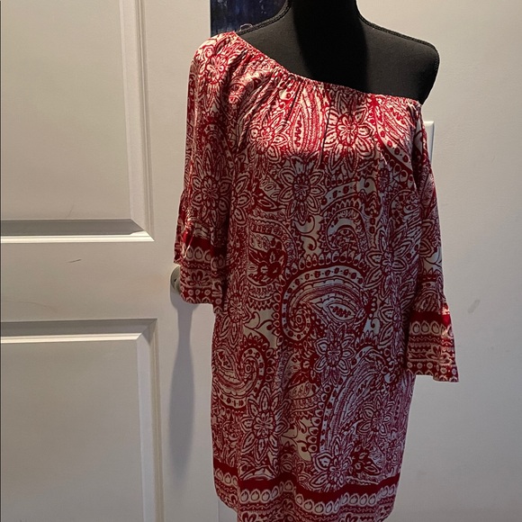 Umgee Off Shoulder Mini Dress Women Size S Girlhood-core Boho Red Cream Paisley - Picture 4 of 14